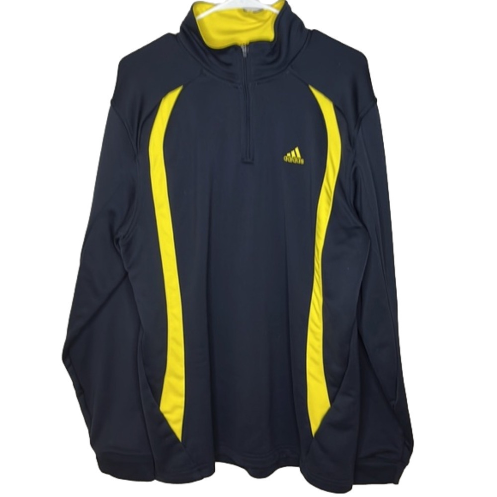 ADIDAS 1/4 zip shirt navy blue and yellow trim, size large in good condition